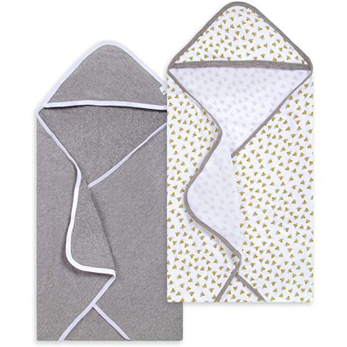 Burt's Bees Baby - Hooded Towels, Absorbent Knit Terry, Super Soft Single Ply, 100% Organic Cotton - 2-Pack - Grey Yellow Bees