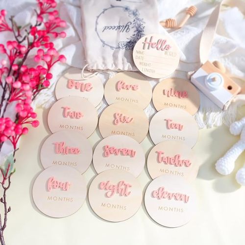 Ylsteed Baby Milestone Cards Wooden Monthly Milestone Cards with Announcement Signs Baby Months Signs Newborn Photo Props Baby Shower and Pregnancy Gifts for Boys Girls 3D Pattern 4 * 4" 13Pcs-Pink - 3D Pink