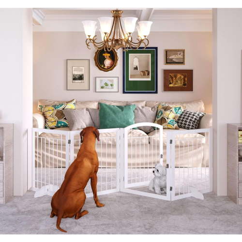 96-inch Extra Wide 30-inch Tall Dog gate with Door Walk Through, Freestanding Pet Gate for Halls, Stairs & Home, Pet Puppy Safety Dog Fence with 2PCS Support Feet (White)