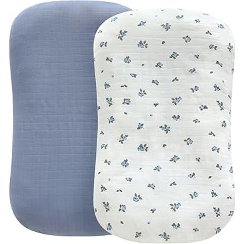 LifeTree Muslin Baby Lounger Cover, Newborn Slipcover Lounger Cover for Boys Girls Infant, Soft Organic Cotton, Cover Only, Blueberries and Mist Blue, 30.7in x 20in
