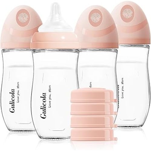 Gulicola Natural Glass Baby Bottle 8 oz for Breastfed Babies, Anti-Colic Baby Bottle Set with Medium Flow Nipple, 3 Months +, 4 Pack - Pink