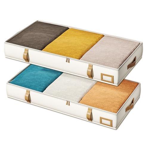 Vailando Under Bed Storage Containers, Foldable Storage Bins for Blankets, Comforter, and Seasonal Clothing, 6 Inches Tall, Beige with Brown Leather Handles, 2-Pack