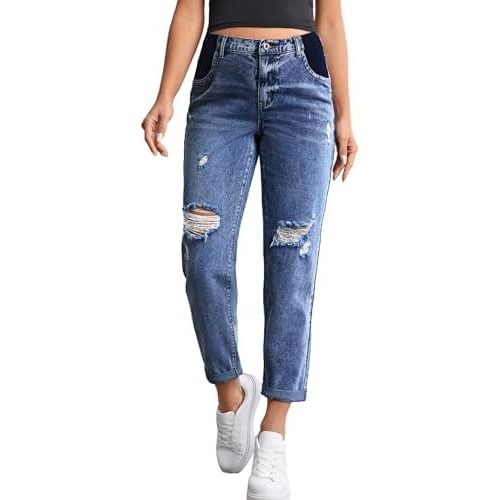 Women's Maternity Casual High Waist Zipper Ripped Jeans Pants Trousers Mom Fit Denim Pants