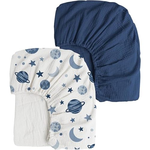 Konssy Muslin Fitted Crib Sheets 2 PCS, 100% Cotton Baby Crib Sheets for Standard Crib Mattress (28 X 52 Inches), Soft and Breathable for Boys, Girls (Planet,Navy)