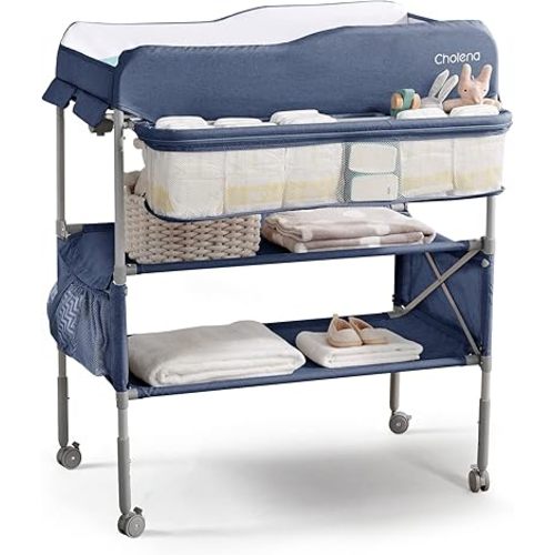 Portable Baby Changing Table,Foldable Diaper Changing Station Baby Changing Tables,Waterproof Diaper Changing Table with Drawers Adjustable Height Changing Station for Infant with Large Storage,Navy