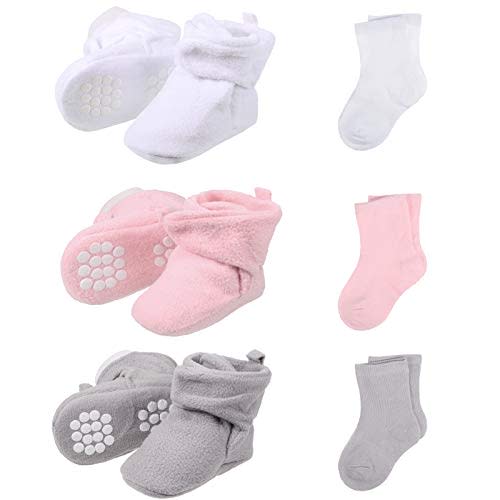 SATINIOR 3 Pairs Unisex Cozy Fleece Baby Booties with 3 Pairs Infant Cotton Socks