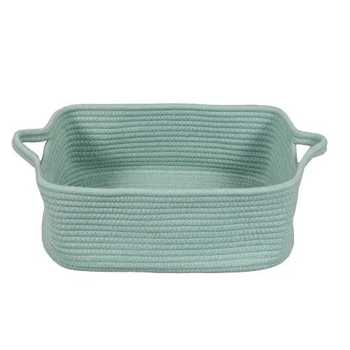 Woven Cotton Rope Storage Basket with Handles for Organizing Shelves Closet Small Cat Dog Pet Toy Baskets Box Bin Decorative Rectangle Baby Nursery basket Gift basket Empty (light green)