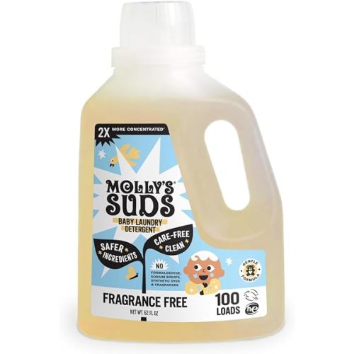 Molly's Suds Baby Liquid Laundry Detergent | Removes Formula, Poop & Spit-Up Stains | Extra Gentle for Infants, Babies, Toddlers (Fragrance Free, 100 Loads)