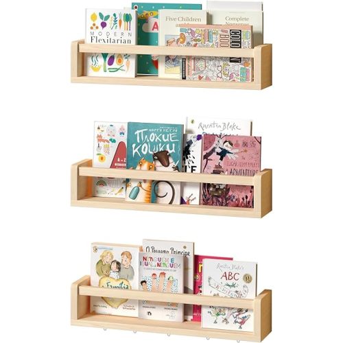 BBLIKE Nursery Book Shelves Set of 3 - Floating Shelves for Wall with Photo Hanging Display, Wood Wall Mounted Shelves, Hanging Nursery Furniture for Toy Storage and Playroom, Kids Room, Nursery Decor