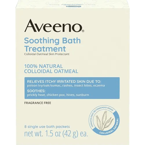 Aveeno Fragrance Free Soothing Bath Treatment, 100% Natural Colloidal Oatmeal, Sensitive Skin Bath Soak for Relief of Dry, Itchy, Irritated Skin Due to Eczema & Hives, Bath Packets, 8 ct.