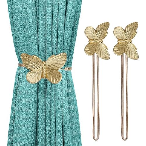 Lewondr Curtain Tie Magnetic, 1 Pair Vintage Butterfly Resin Flower Curtain Drapery Holdback Retro Window Curtain Decorative Buckle Holder for Home Office Cafe Balcony, Gold