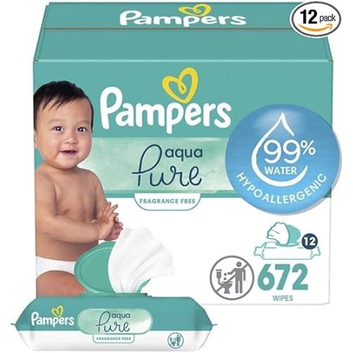 Pampers Baby Wipes Aqua Pure, 99% water-based wipes, Hypoallergenic and Unscented Baby Wipes, 672 Wipes Total (12 Flip-Top Packs)