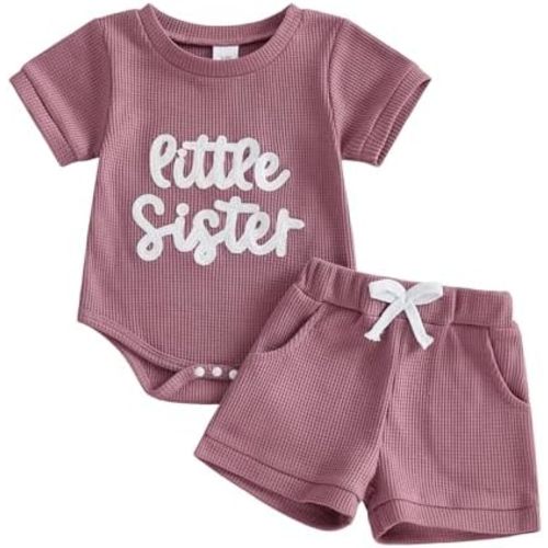 allshope Newborn Baby Girl Summer Outfit Romper Little Sister Lil Sis Embroidery Jumpsuit Tops Shorts Infant Waffle Clothes