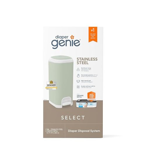 Diaper Genie Select Pail (Green) is Made of Durable Stainless Steel and Includes 1 Starter Square Refill That can Hold up to 165 Newborn-Sized Diapers.