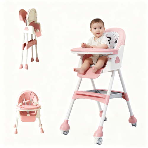 4-in-1 Foldable Baby High Chair, Portable Toddler Dining Chair for Eating & Playing, Convertible Highchair with Adjustable Tray, Pink