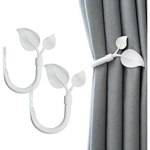 Leaf Shaped Curtain Holdbacks 2pcs, Handmade Metal Curtain Side Holders for Wall, Antique Brass Curtain Tieback Hook Pull Backs for Drapes Window Home Decoration (Pearl White)