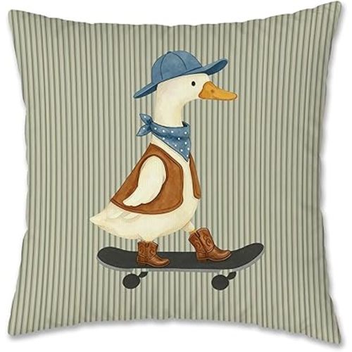 Western Cowboy Goose Pillow Cover 18x18, Goose Nursery Decor, Sage Green Striped Southwest Cowboy Animal Decorative Pillow Cover Pillowcase for Boys Kids Room Playroom Nursery