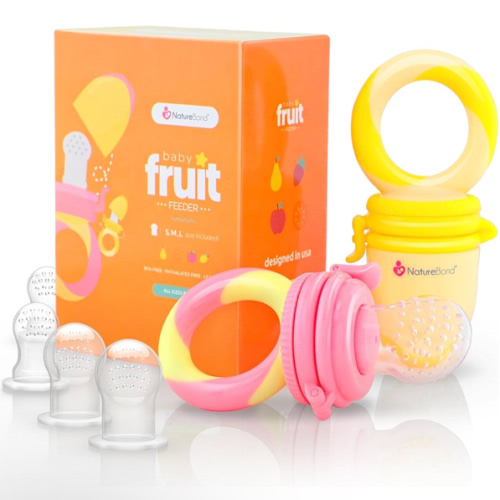 NatureBond Baby Food Feeder/Fruit Feeder Pacifier Nibbler (2 Pack) - Infant Teething Toy Teether Weaning in Appetizing Colors | + Additional Silicone Sacs