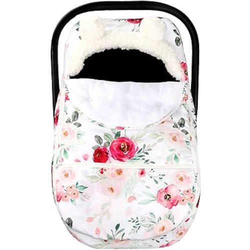 Car Seat Covers for Babies Winter, Flower Carseat Cover Girls, Zipped Cozy & Warm Cover, Universal, Ultra-Soft Breathable, Removable Design Infant Car Seat Canopy