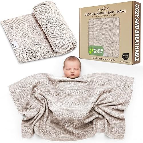 Organic Cotton Knit Baby Blanket 31.5 x 43.3 inches Beige Soft Breathable Knitted Blanket for Boys & Girls Swaddle Blanket for Newborns Infants & Toddlers, Oeko-TEX Certified