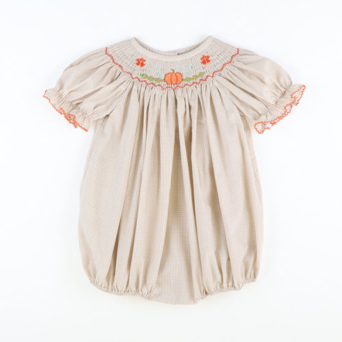 Smocked Harvest Pumpkin & Leaves Girl Bubble - Khaki Mini Gingham