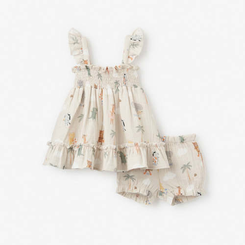 Seaside Safari Organic Muslin Smocked Dress w/ Bloomer WHEAT / 3-6M