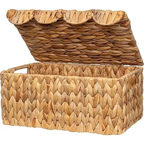 StorageWorks Wicker Basket with Scalloped Edge Lid, Water Hyacinth Basket with Built-in Handles, Handwoven Wicker Box for Bathroom, Living Room, 15" L x 11 ¼" W x 7" H
