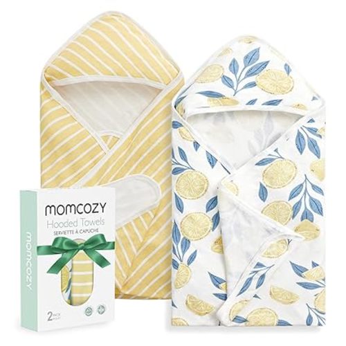 Momcozy Baby Hooded Towel, 2 PackBaby Towel Set, Super Soft Bath Towel with Original Design, Shower Gifts for Infant, Toddler (28 X 28 Inch, Lemon Leaves) - Newborn Bath Towel ( 28 X 28 Inch )
