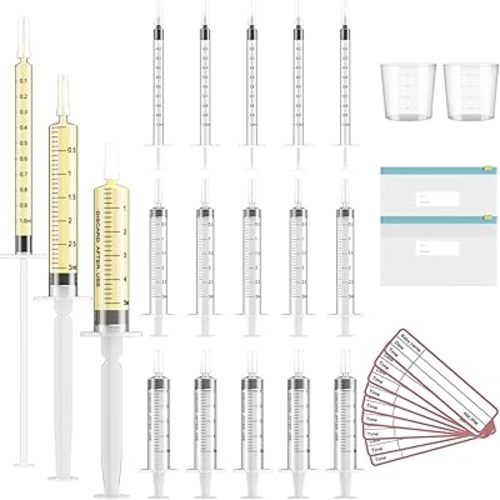 30 Sets 1/3/5ml Colostrum Collector with Caps, Colostrum Collection Kit Includes 30pcs Sterile Syringes, 2 Measuring Cup, 2 Storage Bags, 30 Labels (No Needle Breast Milk Syringe )