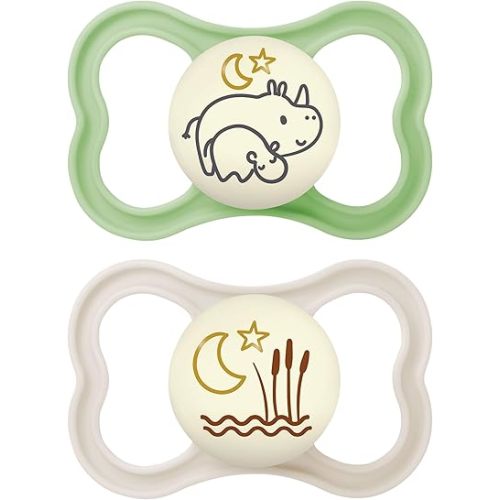 MAM Air Night Pacifiers , MAM Sensitive Skin Pacifier 6+ Months, Glow in the Dark Pacifier, Best Pacifier for Breastfed Babies, Unisex Baby Pacifiers, 2 Count (Pack of 1), Designs May Vary