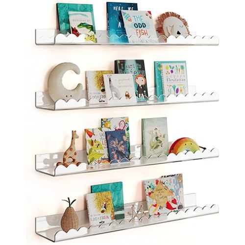 G&W Gruwald 4 Pack Clear 23 Inches Acrylic Book Shelf for Kids Room, Floating Kids Book Shelves for Wall, Nursery Book Shelves, Magazine Rack, Picture Ledge (Clear, 23)