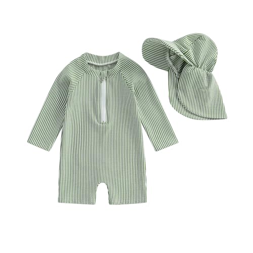 Gueuusu Baby Boys Girls Swimsuit One Piece Striped Zipper Bathing Suit Rash Guard Long Sleeve Seersucker Swimwear Sunsuit