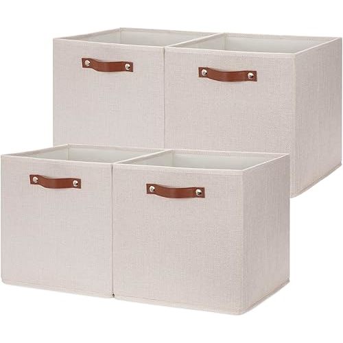 HNZIGE Foldable Storage Cubes Bins for Organizing, Set of 4, Fabric Cube Canvas Storage Bins 11 x11, Collapsible Bins for Organization with Handles for Shelf Nursery(Cream)