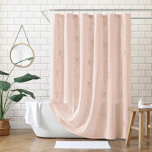 Peri Home 100% Cotton Fabric Shower Curtain for Bathroom, 72 x 72 inches, Blush Sasha Bows
