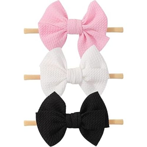 yoyokid 3PCS 4" Baby Girls Bow Headband, Elastic Nylon Hairbands Soft Baby Hairbands with Bows Hair Accessories for Newborn Infant Toddler, Black Pink White