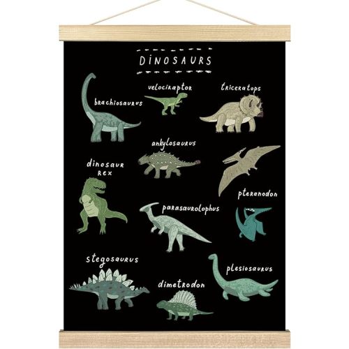 BCUANGD Dinosaur Dino Wall Decor - Baby Toddler Boys Room Wall Art Poster Hanger with Wood Frames, Inspirational Black Hanging Canvas Decor for Kids Room Playroom Nursery Bedroom, 12x16 Inches