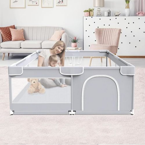 Fshibila Baby Playpen, Baby Playard for Babies and Toddlers, Baby Fence Play Pens for Indoor & Outdoor, Sturdy Safety Play Yard with Soft Breathable Mesh, Anti-Fall, 50 * 50 * 27 inches Grey - 50 x 50 IN
