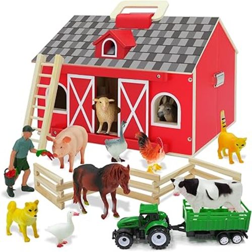 SIMPLIPLAY Farm Animal Toys with Portable Large Wooden Barn for Kids 3+ Years Old, 10 PCS Farm Animals Figures for Boys, Girls, Animal Lovers, Ideal Gift for Kids Toddlers, Improve Fine Motor Skills