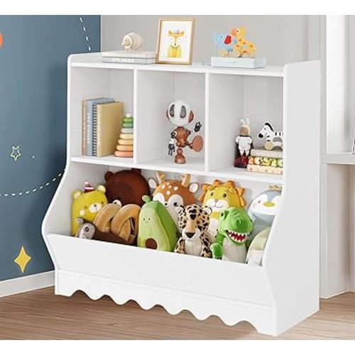 Wood Kid Storage Cubby, Toy Storage Organizer with Bookshelf, 32"L x 15"D x 31"H Montessori Toy Shelf, Nursery Book Shelves, Wooden 4-Cubby Children Book Shelf for Playroom Classroom, White