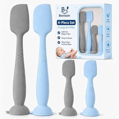 4-Pack Diaper Cream Spatula – Soft-Flex Silicone Butt Spatula for Babies, 2 Large & 2 Mini with Travel Case, Gentle Yet Firm Tip for Smooth, Even Diaper Rash Cream Application, Newborn Baby Essential