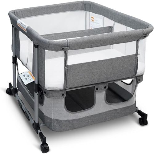 Cheermomo Twin Bassinet for 2 Babies, Double Bassinet for Twins, Rocking Bassinet with Wheels and Storage Basket, Full-Mesh Sides, 5-Height Adjustable, Portable and Stable Baby Crib (Standard Grey)