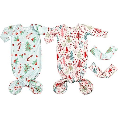 Newborn Baby Girls Christmas Knotted Gown Sets Nightgowns Soft Sleeper Gown with Headband Set for Baby -2 Pieces (Blue and Red Christmas, 0-3 Months)