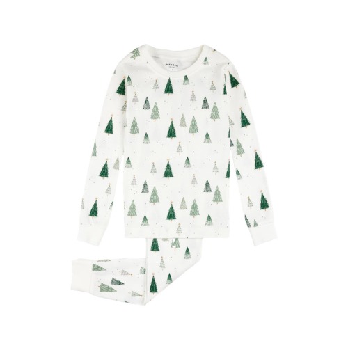 Kids' Christmas Tree Fitted Two-Piece Organic Cotton Pajamas, Off White - size 6