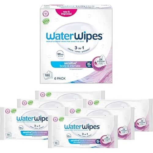 WaterWipes Sensitive+ Body & Intimate Wipes, 3-In-1 Cleans, Cares, Protects, 99.9% Water, Unscented & Hypoallergenic Hygiene Wet Wipes, Adult Care,180 Wipes (6 Packs)
