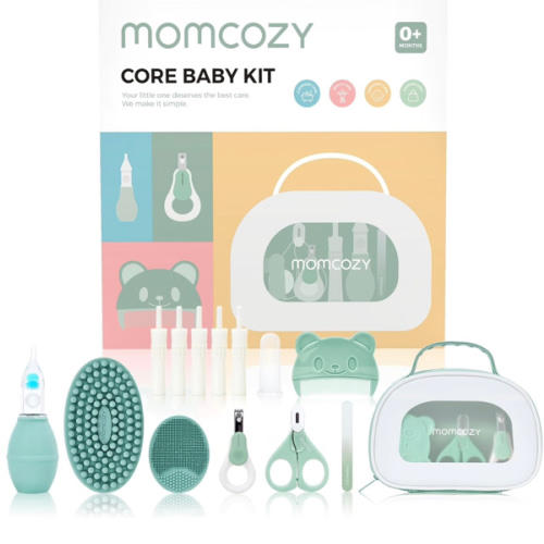 Momcozy Core Baby Kit, Baby Shower & Registry Essential Kit for Grooming&Health&Cleansing Care, Includes Nail File Kits, Nasal Aspirator, Gas Relief Tubes, Bath Brushes, Toothbrush, Comb, Storage Case
