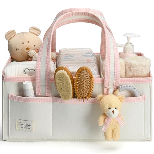 PeraBella XL Diaper Caddy Organizer With Handle, Baby Shower Gifts Basket Bag, Registry Search Must Haves Items, Newborn Girl Boy Nursery Storage Organizer, Baby Bag Essentials, Car Diaper Caddy Cart