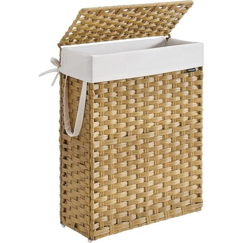 SONGMICS Slim Laundry Hamper with Lid, 14.5 Gallon (55L) Rattan Clothes Laundry Basket with Lid and Handles, Foldable, Removable Liner, Goose Yellow ULCB164N01