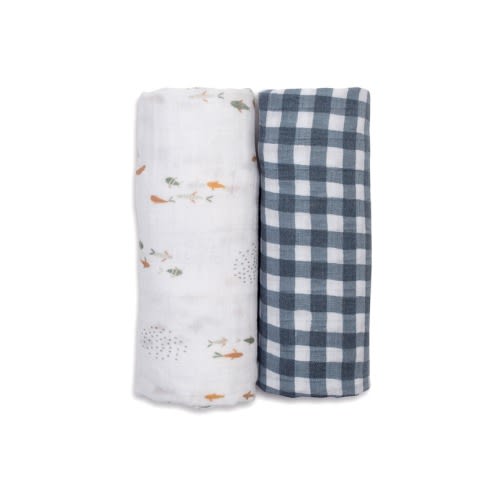 Lulujo Cotton Muslin Swaddles Fish + Navy Gingham