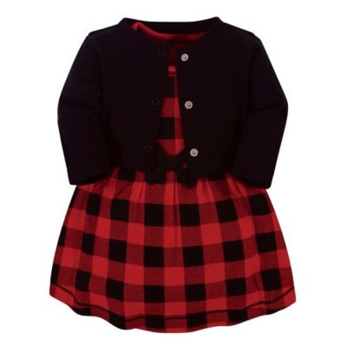 Touched by Nature Baby and Toddler Girl Organic Cotton Dress and Cardigan 2pc Set, Buffalo Plaid, 0-3 Months