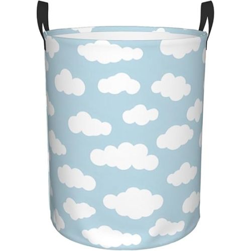 Pastel Clouds Aesthetic Baby Blue And White Laundry Basket For Women Girls, Large Canvas Collapsible Organizer Storage Basket For Nursery,Office,Toy Organizer,Home,Decor Medium